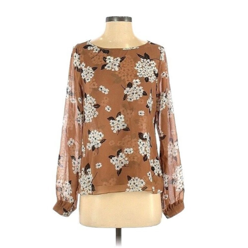 Sanctuary Long Sleeve Neutral Floral Blouse Sheer Sleeves Camel Tan Sz Small‎